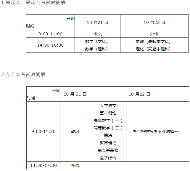 河南成人高考專升本考試時間？