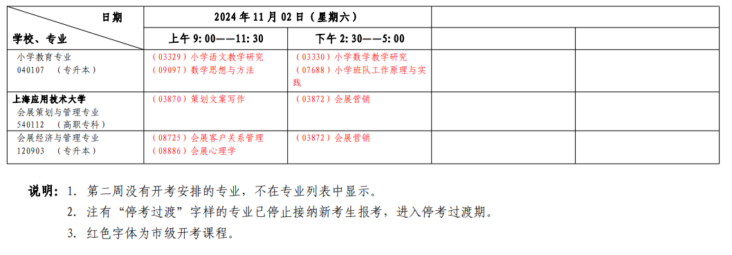 2024年10月上海市自學(xué)考試考試安排（二）