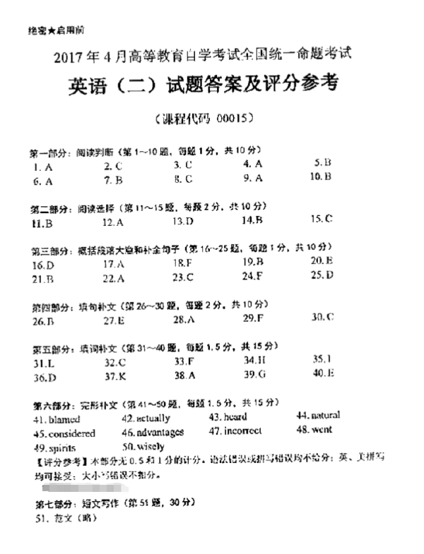 2017年4月自考英語(yǔ)二真題答案-1 2017年4月自考英語(yǔ)二真題答案-1
