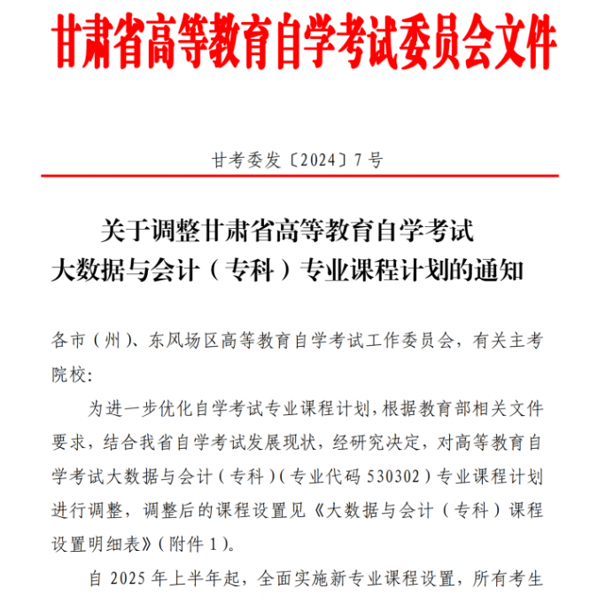 關于調(diào)整甘肅省高等教育自學考試大數(shù)據(jù)與會計（?？疲I(yè)課程計劃的通知