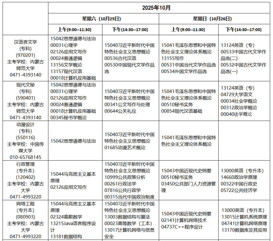 2025年10月內(nèi)蒙古自學考試考試安排