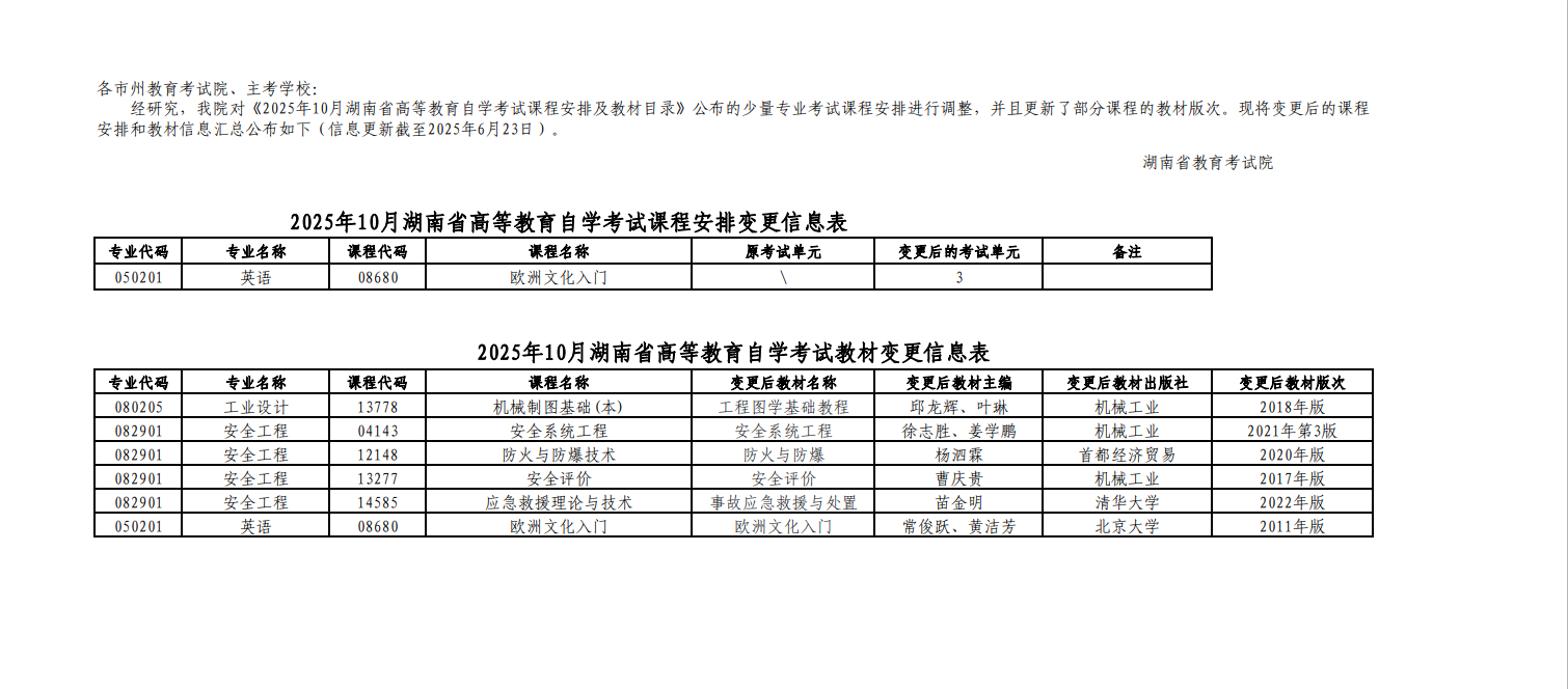 湖南省2025年10月高等教育自學(xué)考試課程安排和教材變更匯總表